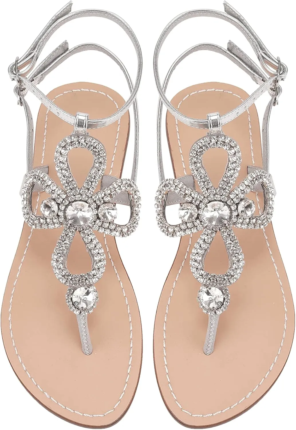 Women Rhinestone Flat Sandals Ankle Strap Summer Gold Silver Gladiator Shiny Gem Sandals Dressy Bridal Beach Bohemian Rhinestone Sandals For Wedding