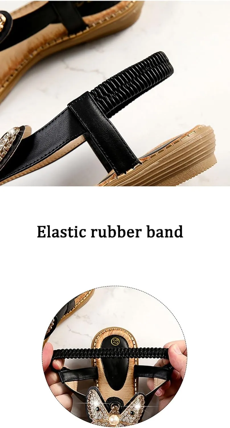 Women's Boho Bling Jeweled Flat Sandals T-strap Summer Beach Slingback Retro Flipflops Thong Sandal