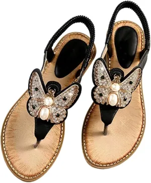 Women's Boho Bling Jeweled Flat Sandals T-strap Summer Beach Slingback Retro Flipflops Thong Sandal