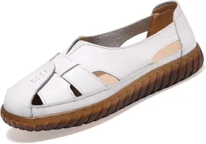 Women's Casual Bohemia Leather Fisherman Sandals,Flat Hollow Closed Toe Mary Jane Sandal,Summer Comfortable Soft Sole Non-Slip Slip On Loafer