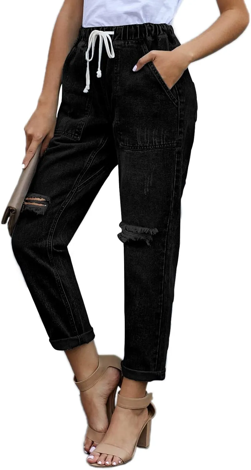 Women’s Casual Pull-on Distressed Stretch Jeans Elastic Waist Jean Denim Joggers Pants