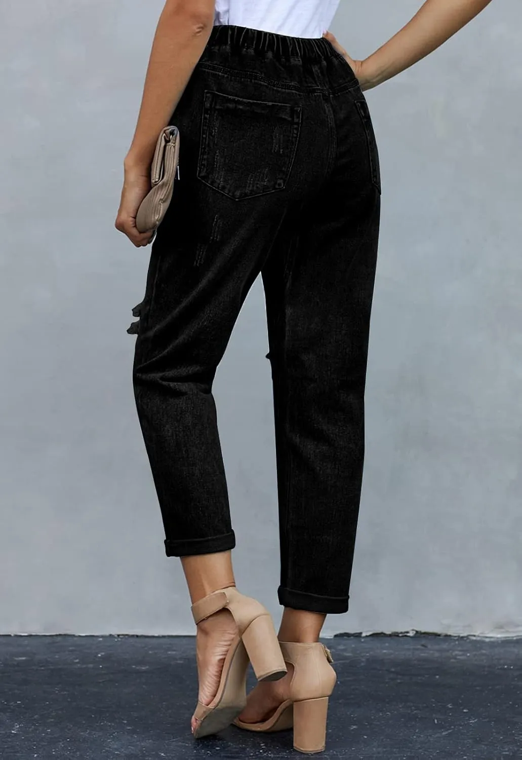 Women’s Casual Pull-on Distressed Stretch Jeans Elastic Waist Jean Denim Joggers Pants