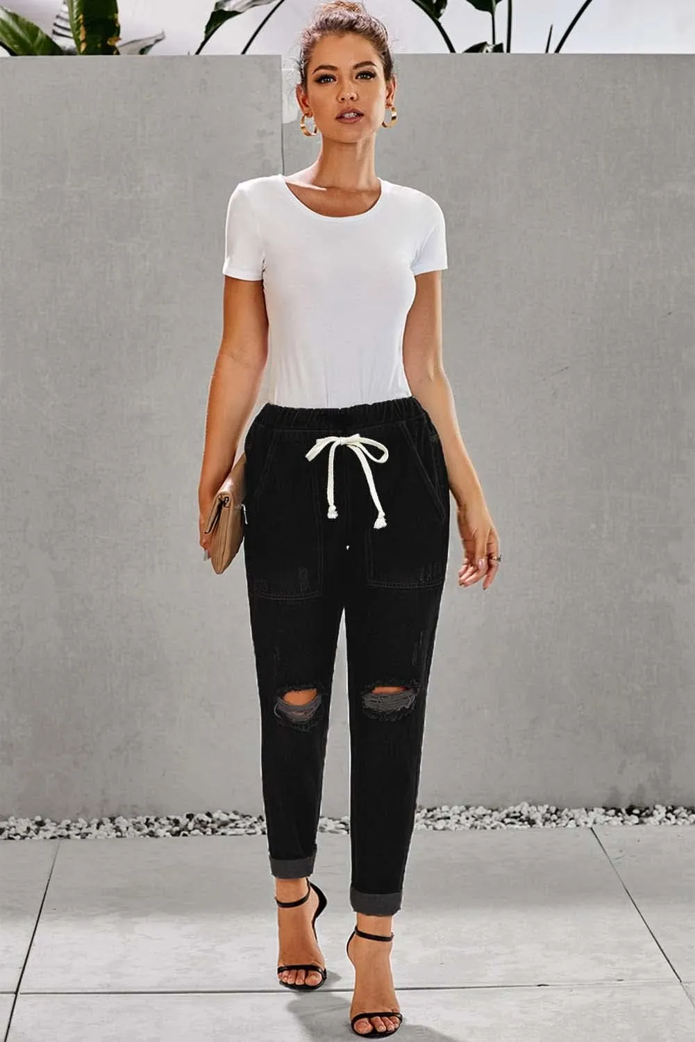 Women’s Casual Pull-on Distressed Stretch Jeans Elastic Waist Jean Denim Joggers Pants