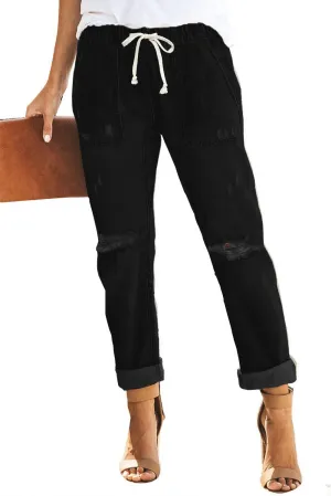 Women’s Casual Pull-on Distressed Stretch Jeans Elastic Waist Jean Denim Joggers Pants