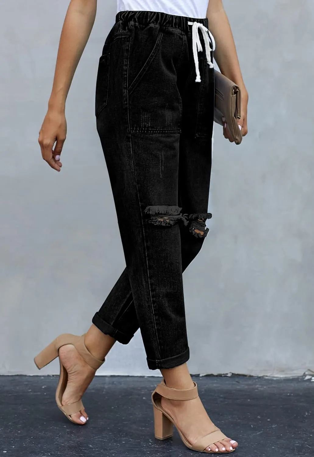 Women’s Casual Pull-on Distressed Stretch Jeans Elastic Waist Jean Denim Joggers Pants