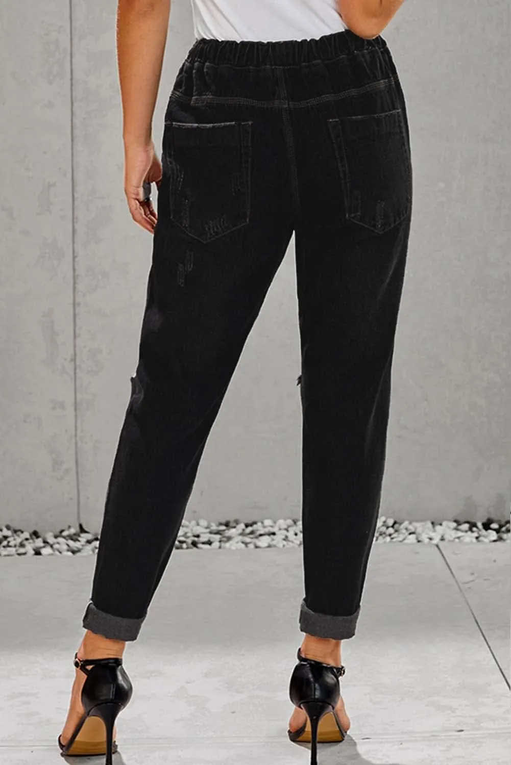 Women’s Casual Pull-on Distressed Stretch Jeans Elastic Waist Jean Denim Joggers Pants