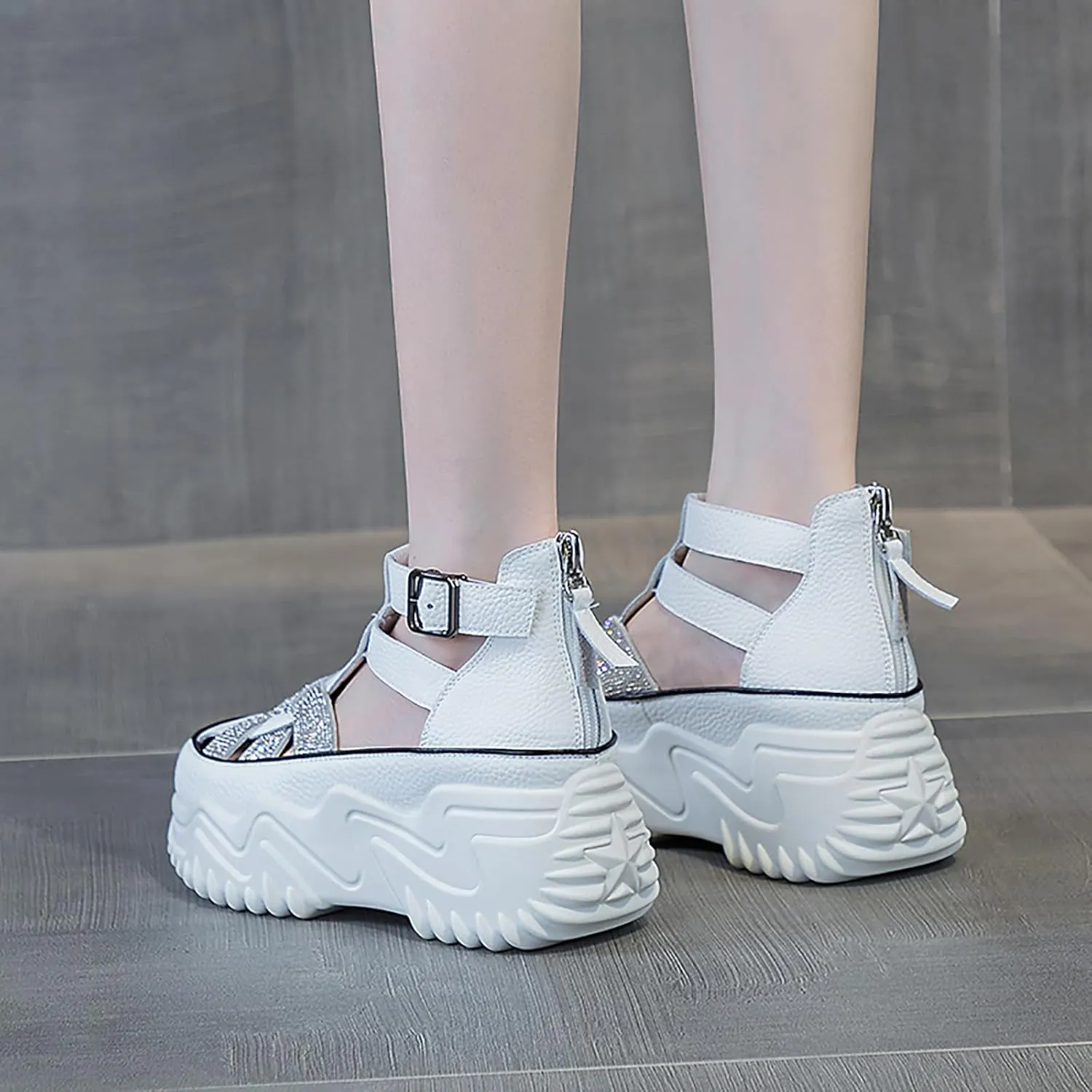 Women's Chunky Platform Sandals,Cutout Leather Wedge Sandals,Fashion Rhinestones y2k Sandals with Back Zipper