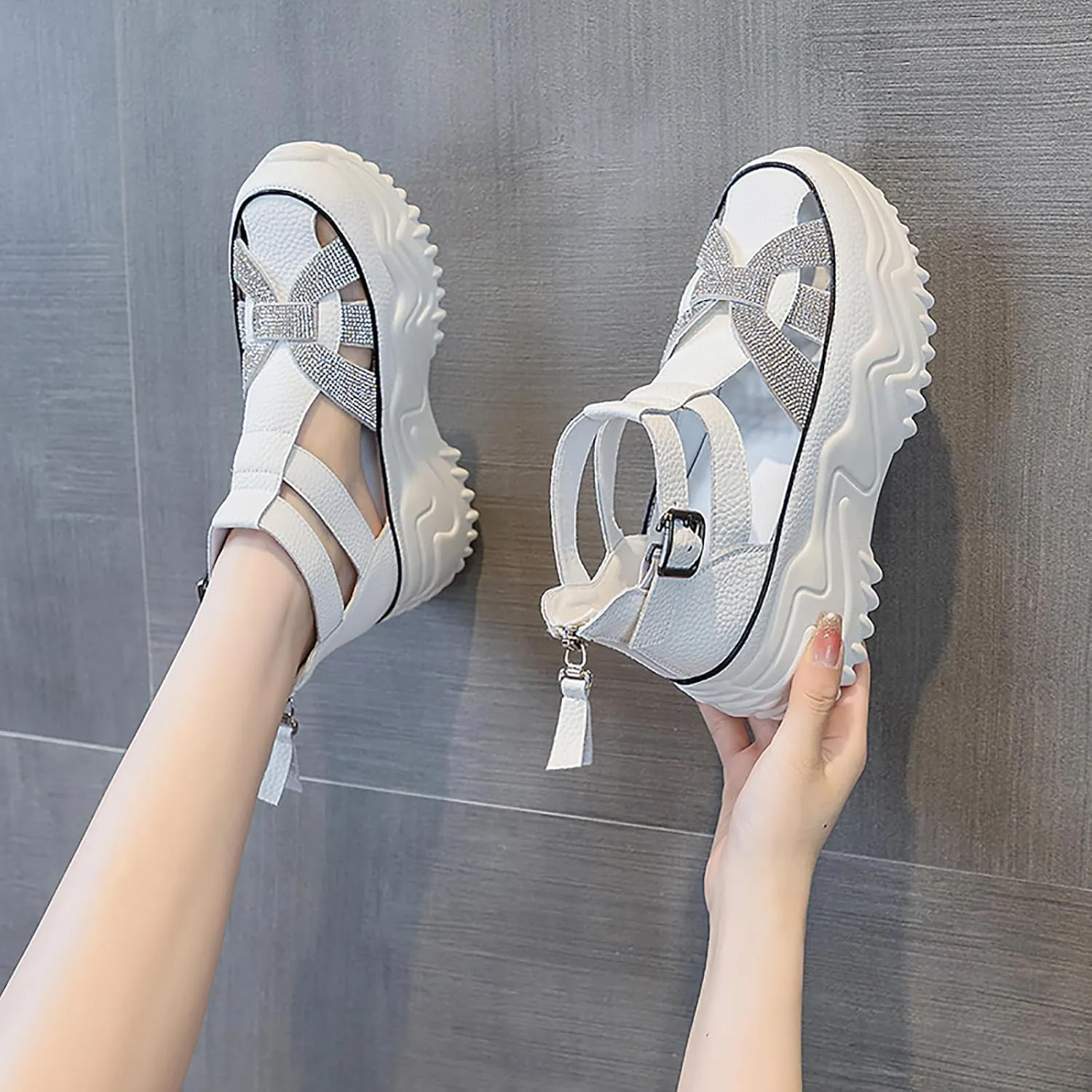 Women's Chunky Platform Sandals,Cutout Leather Wedge Sandals,Fashion Rhinestones y2k Sandals with Back Zipper