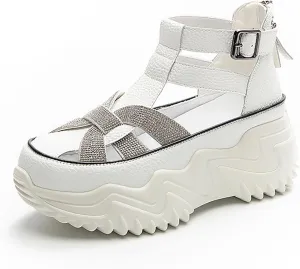 Women's Chunky Platform Sandals,Cutout Leather Wedge Sandals,Fashion Rhinestones y2k Sandals with Back Zipper