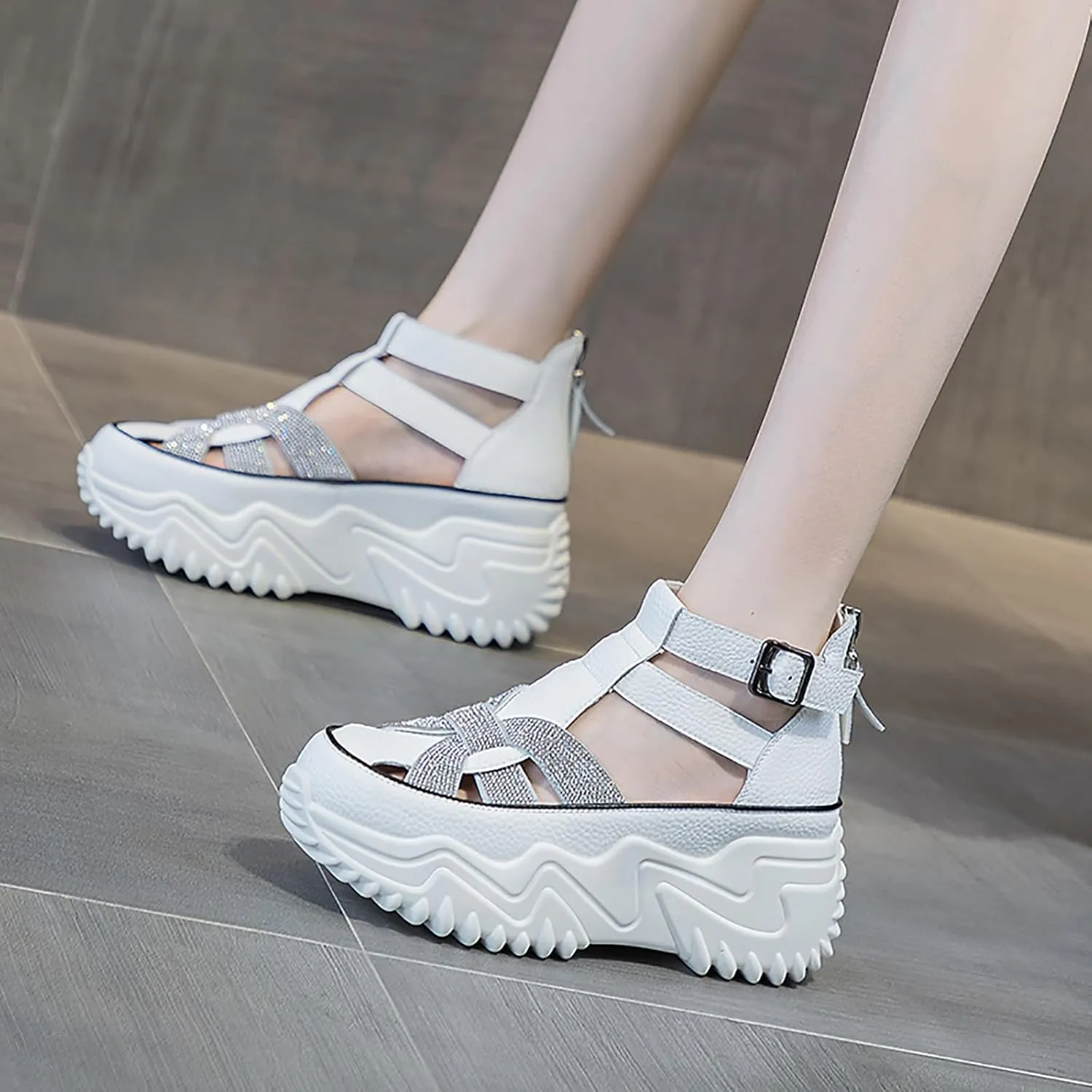 Women's Chunky Platform Sandals,Cutout Leather Wedge Sandals,Fashion Rhinestones y2k Sandals with Back Zipper