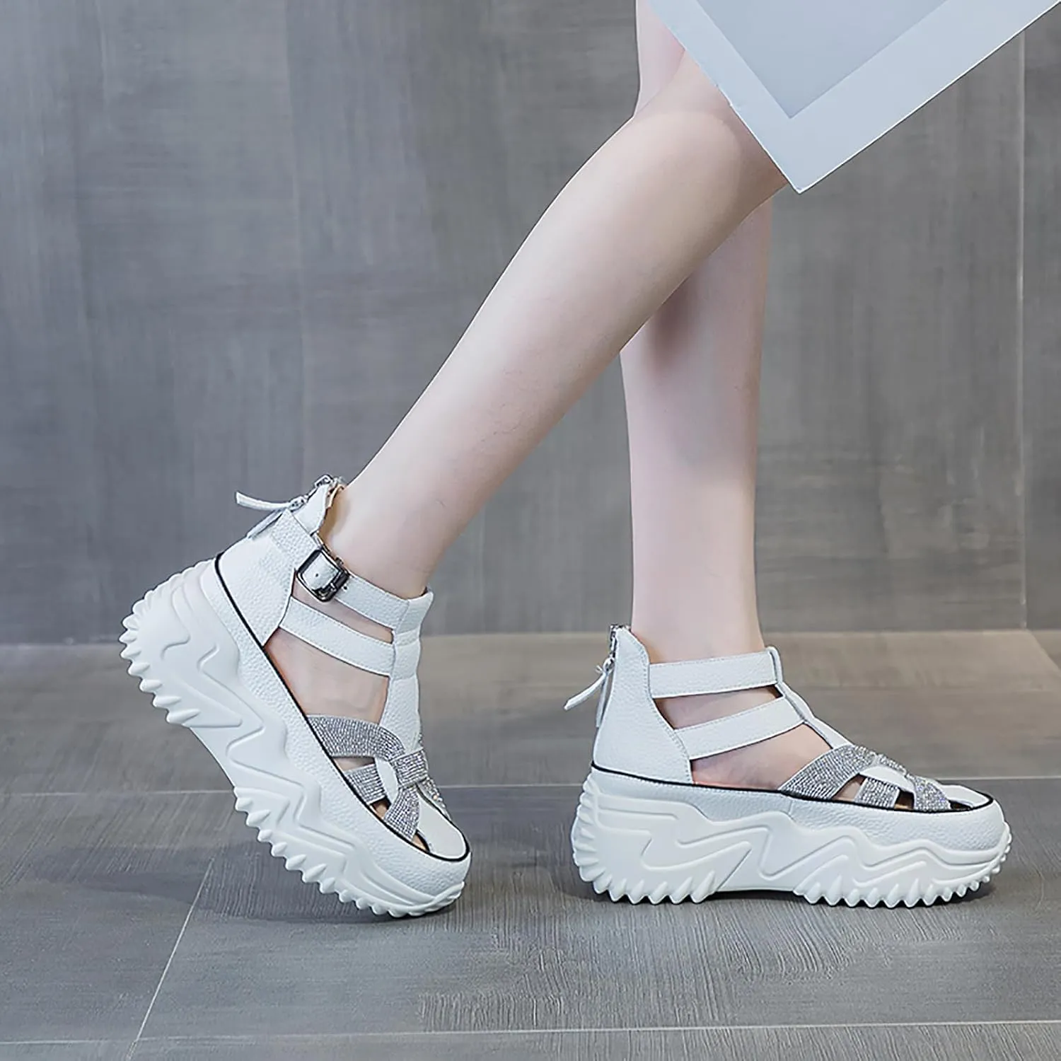 Women's Chunky Platform Sandals,Cutout Leather Wedge Sandals,Fashion Rhinestones y2k Sandals with Back Zipper