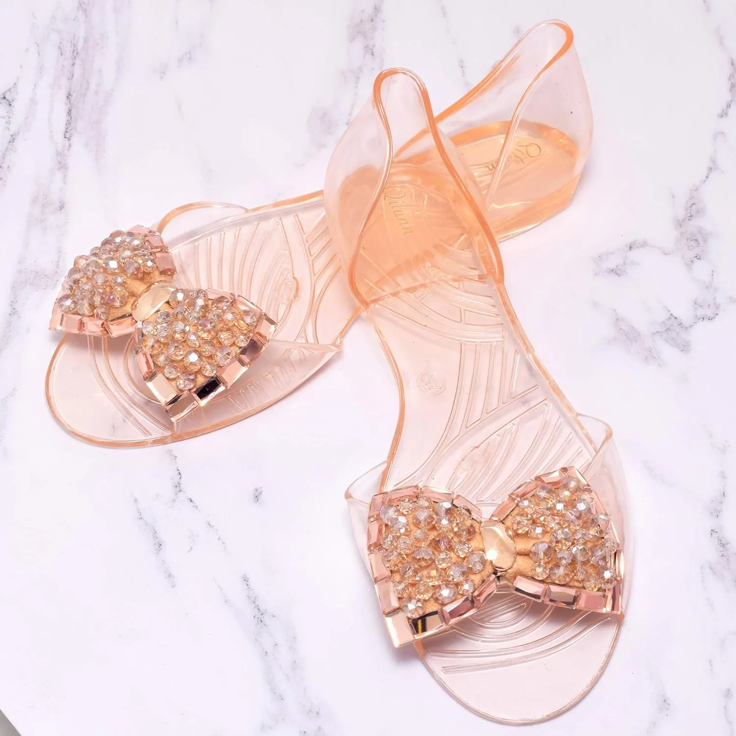 Women's Crystal Sandals Bow Pearl D-orsay Jelly Slip on Outdoor Rain Flats Sandals