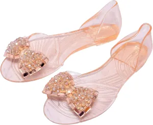 Women's Crystal Sandals Bow Pearl D-orsay Jelly Slip on Outdoor Rain Flats Sandals