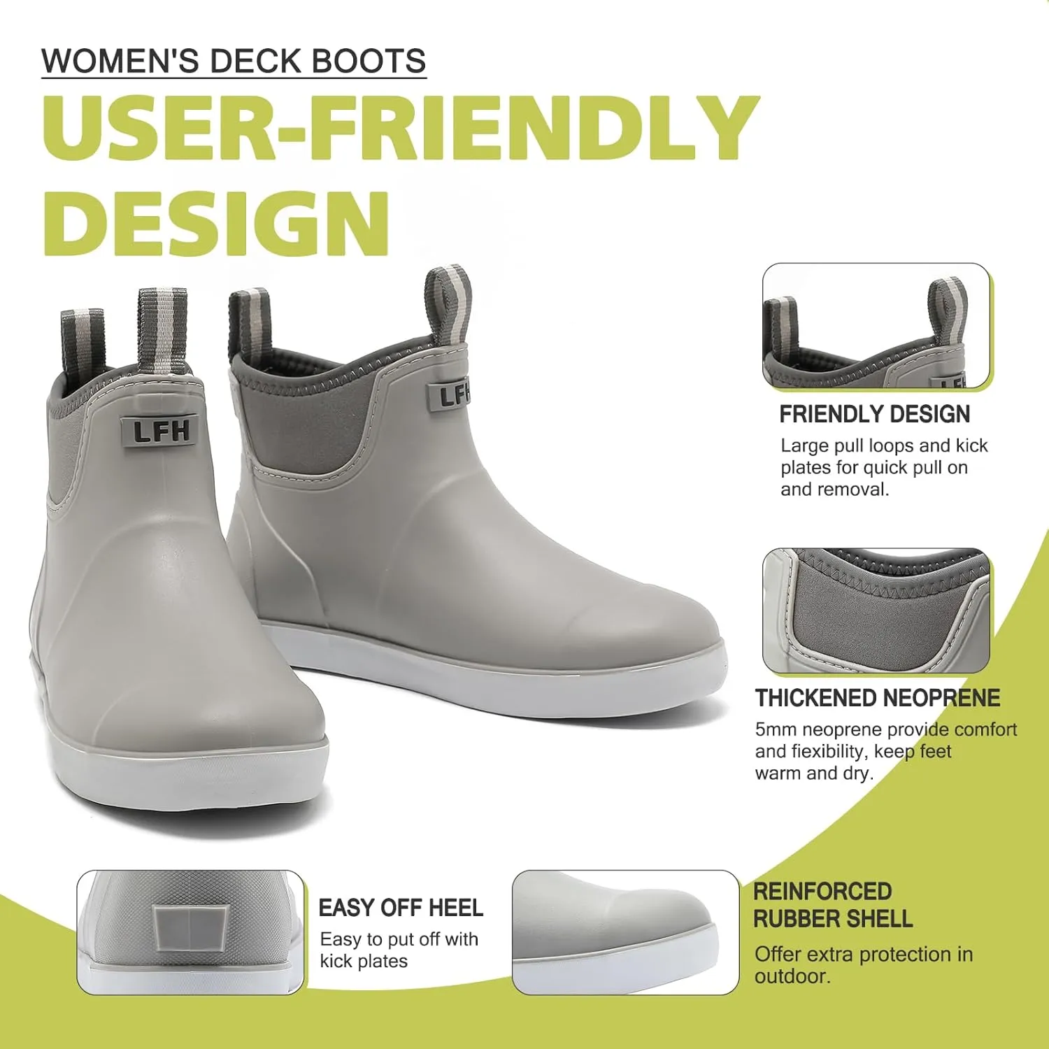 Women's Deck Boots, Waterproof Ankle Rain Boots with Anti-Slip Traction, Rubber Garden & Fishing Boots for Boating, Camping, Farming & Outdoor Work