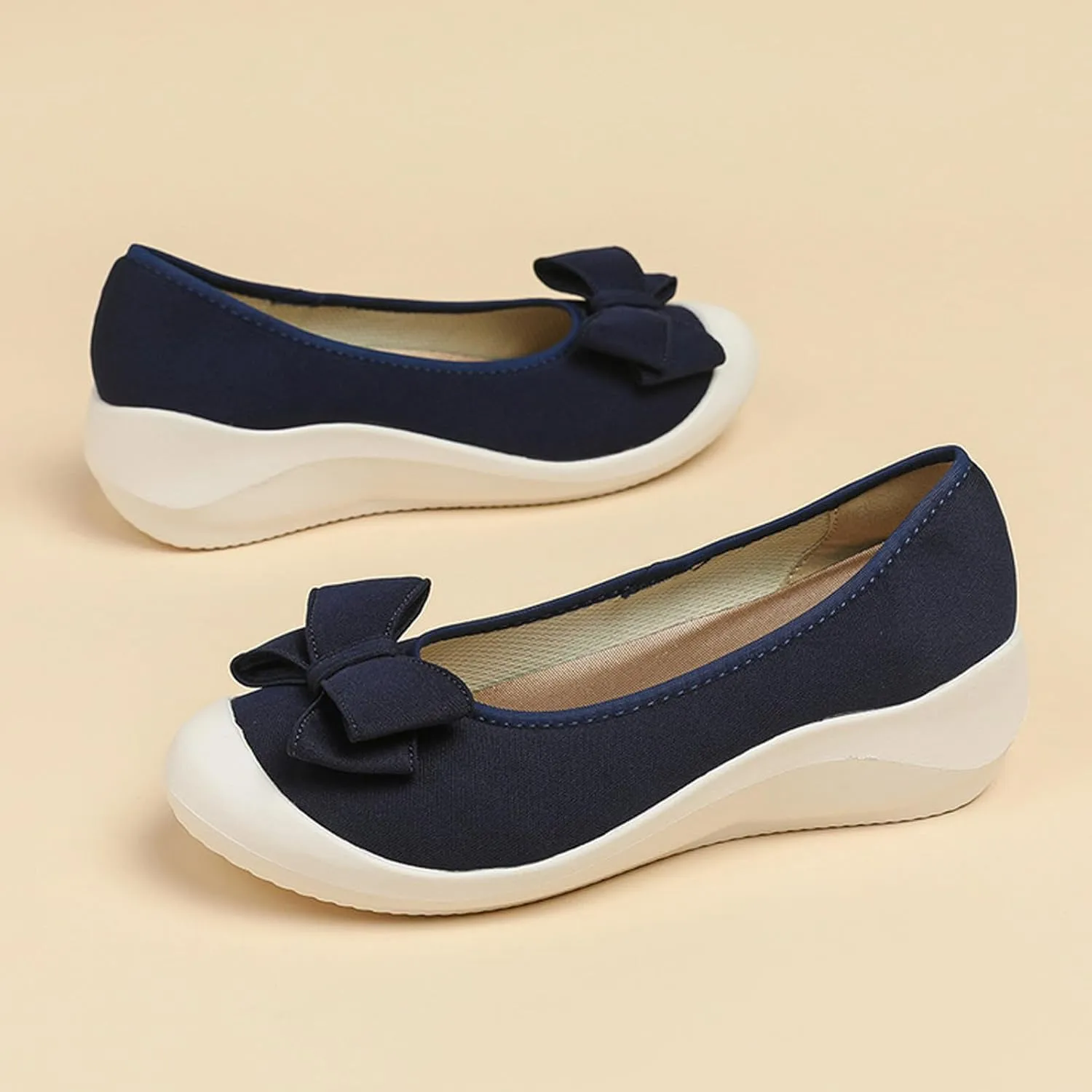 Women's Elasticity Knit Bow Knot Wedge Orthopedics Loafers Lightweight Breathable Round Toe Backless Soft Sole Platform Comfortable Slip On Casual Dressy Walking Shoes for Party Work