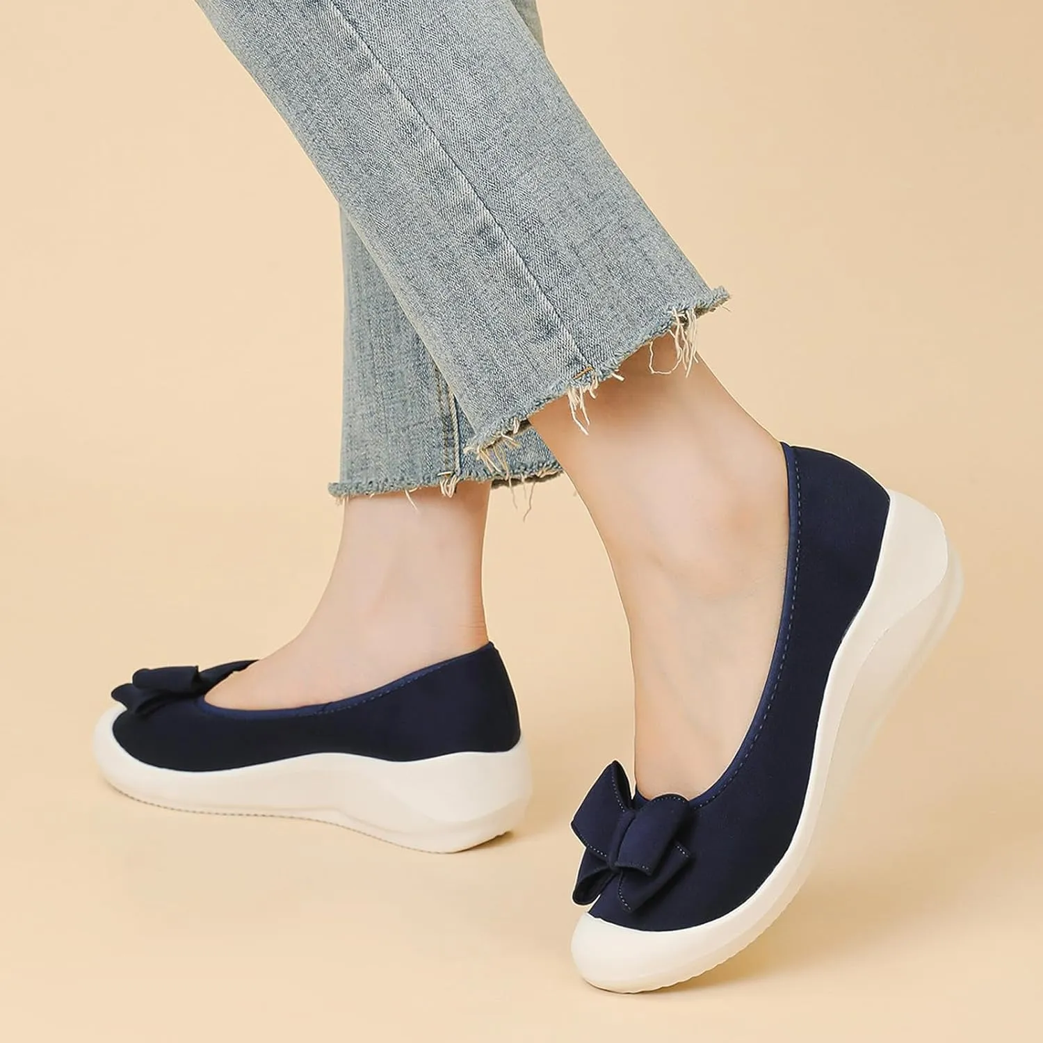Women's Elasticity Knit Bow Knot Wedge Orthopedics Loafers Lightweight Breathable Round Toe Backless Soft Sole Platform Comfortable Slip On Casual Dressy Walking Shoes for Party Work