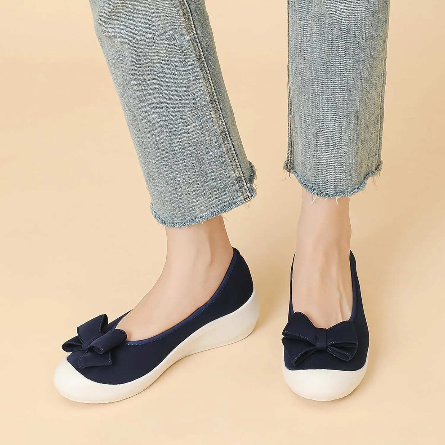 Women's Elasticity Knit Bow Knot Wedge Orthopedics Loafers Lightweight Breathable Round Toe Backless Soft Sole Platform Comfortable Slip On Casual Dressy Walking Shoes for Party Work