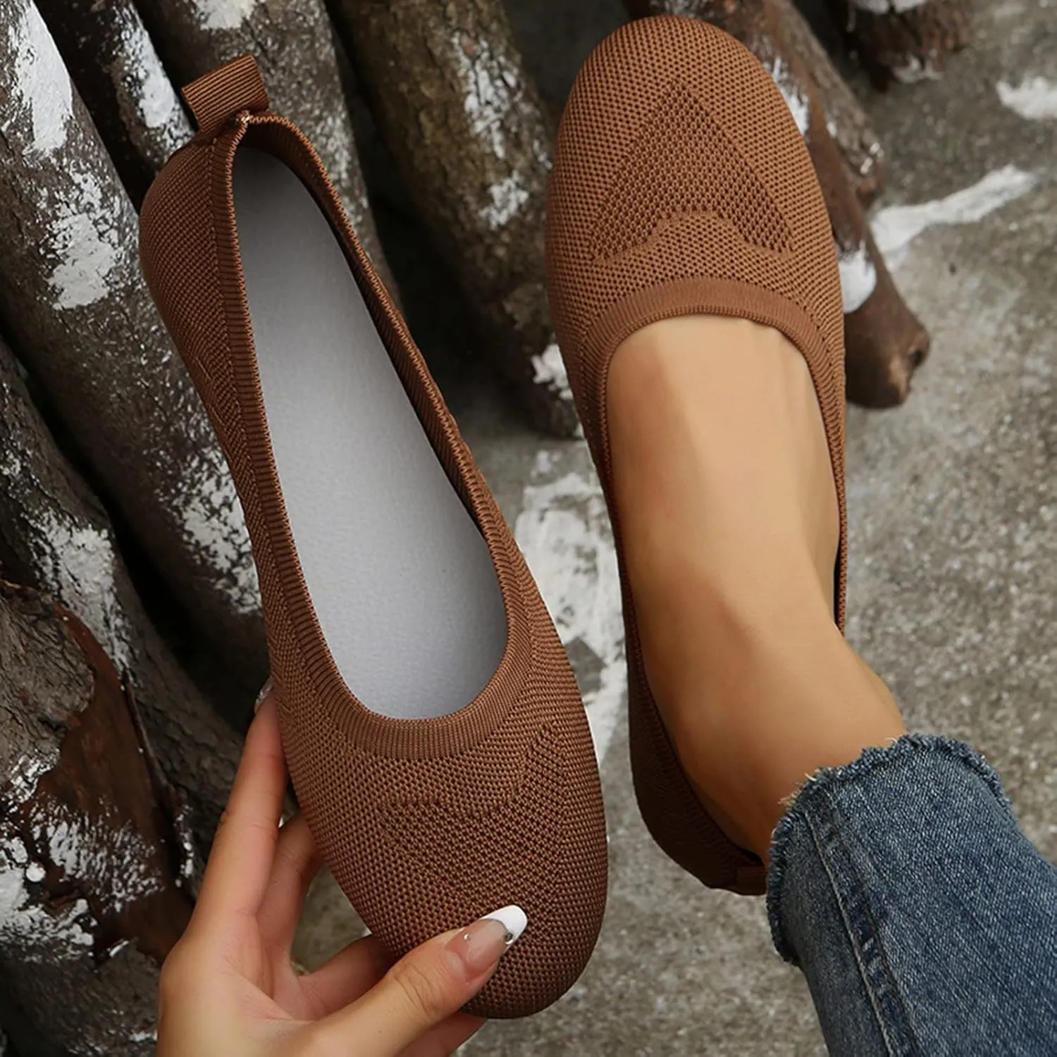 Women's Flat Ballet Shoes Knit Flat Shoes Round Toe Slip on Women Flats for Dressy Casual Office Work Wedding
