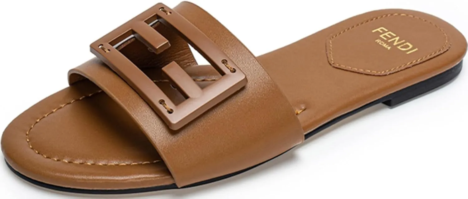 Womens Flat Sandals Slip On Summer Slide Leather Slippers Open Toe Beach Sandals Shoes