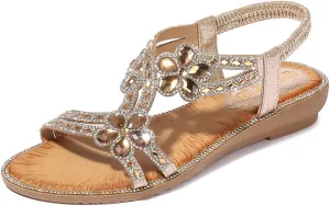 Women's Flat Sandals Summer Beach Sandal T-Strap Rhinestone Beaded Bohemia Shoes
