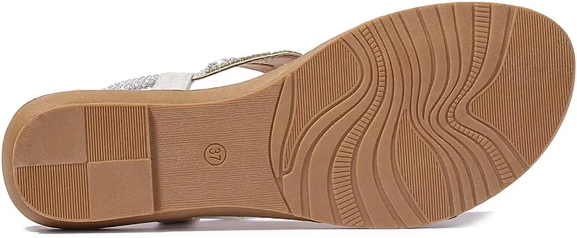 Women's Flat Sandals Summer Beach Sandal T-Strap Rhinestone Beaded Bohemia Shoes