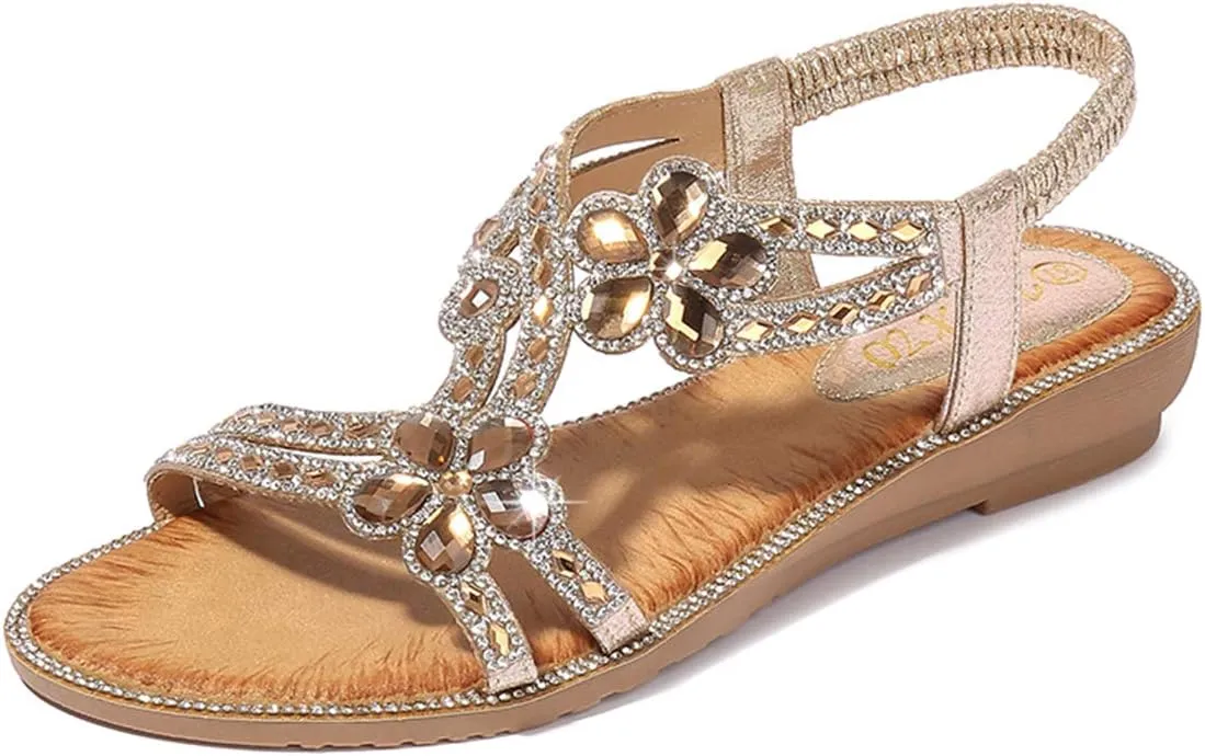 Women's Flat Sandals Summer Beach Sandal T-Strap Rhinestone Beaded Bohemia Shoes