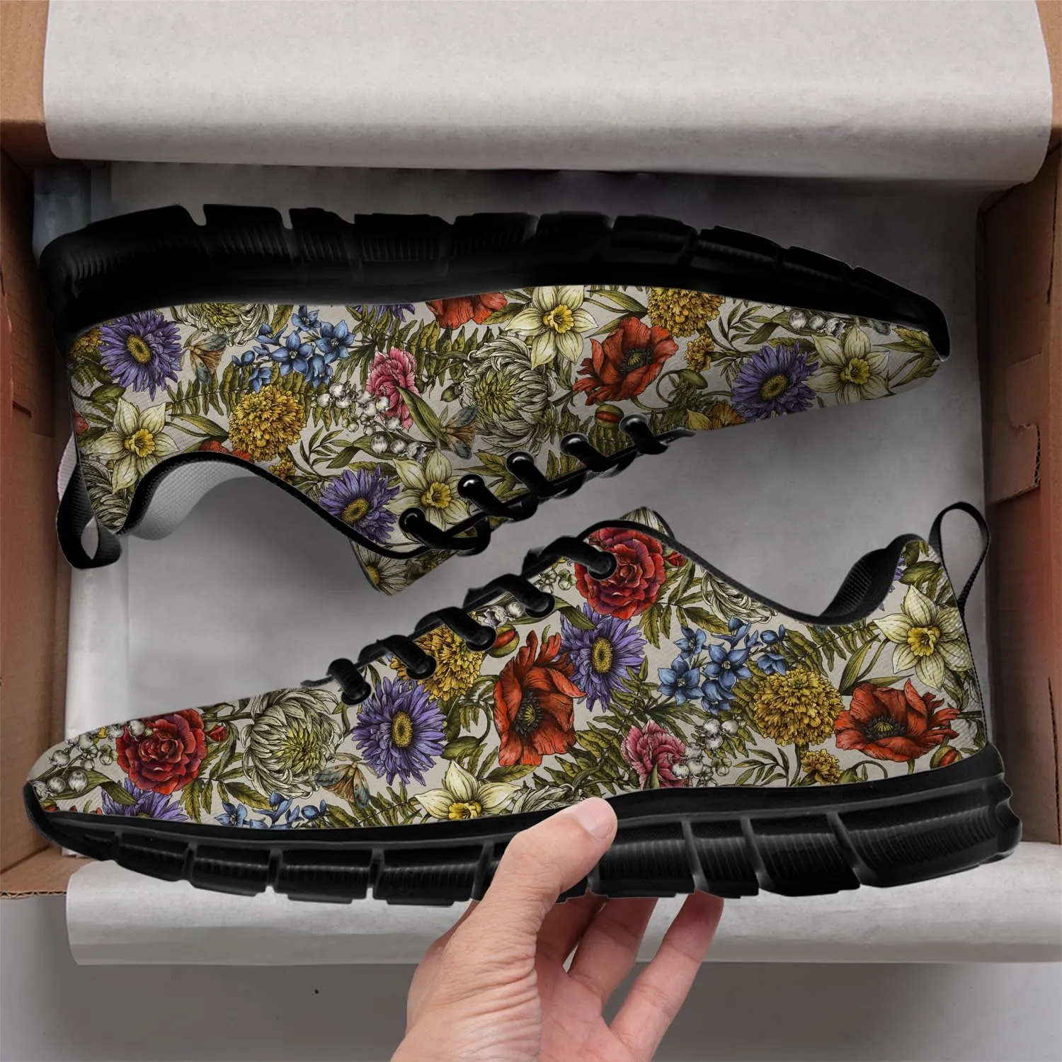 Women's Floral Print Sneakers Running Shoes Lightweight Lace-Up Walking Tennis Shoes Gifts for Ladies Friends