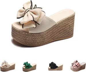 Women's high-heeled thick-soled wedge-heeled flip-flops beach sandals fashionable canvas slippers summer flip-flops, comfortable summer beach wedge- sandals