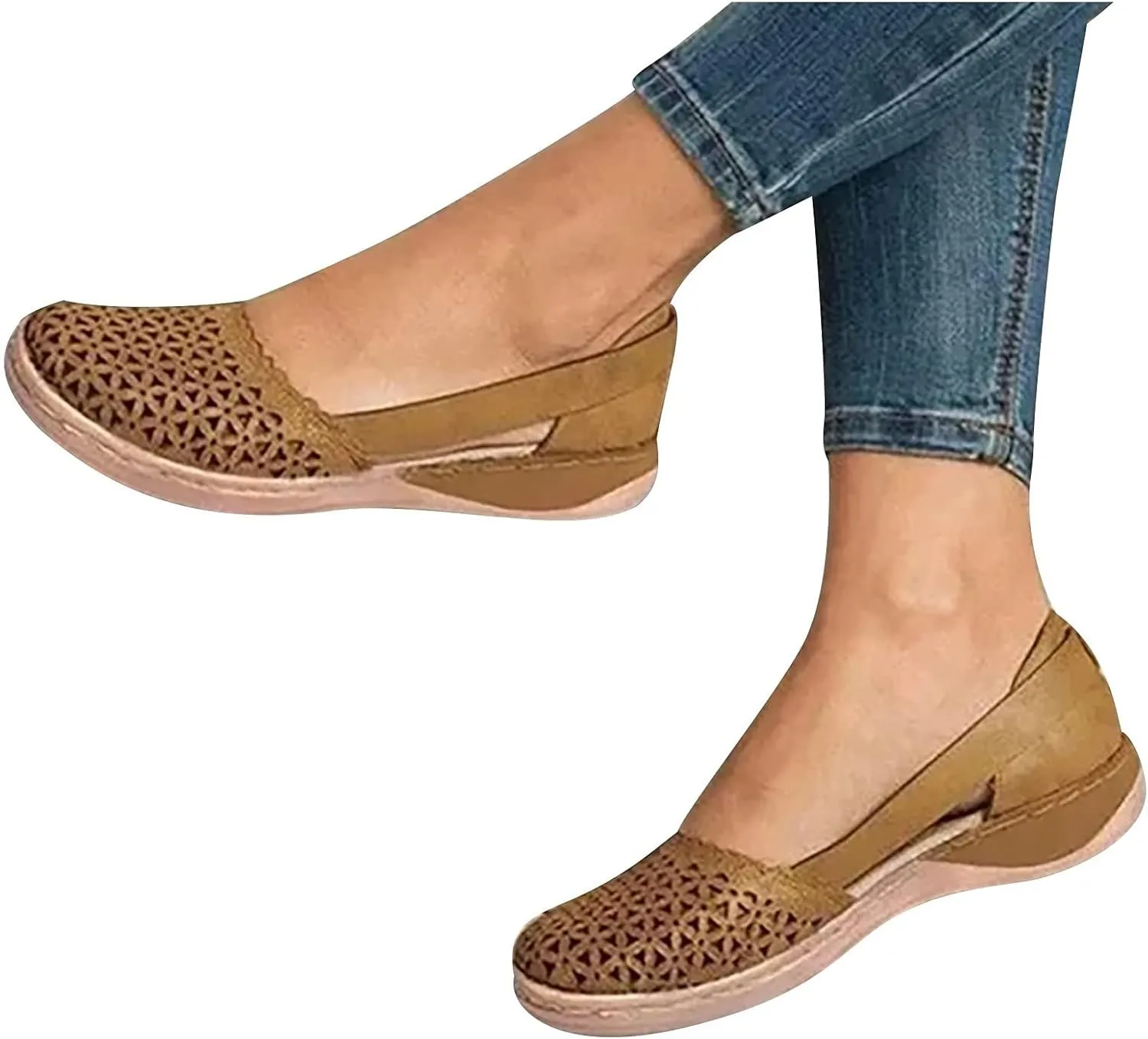 Womens Hollow Ballet Flats Casual Round Toe Low Heels Comfortable Vintage Leather Dress Shoes Walking Shoes Mary Janes