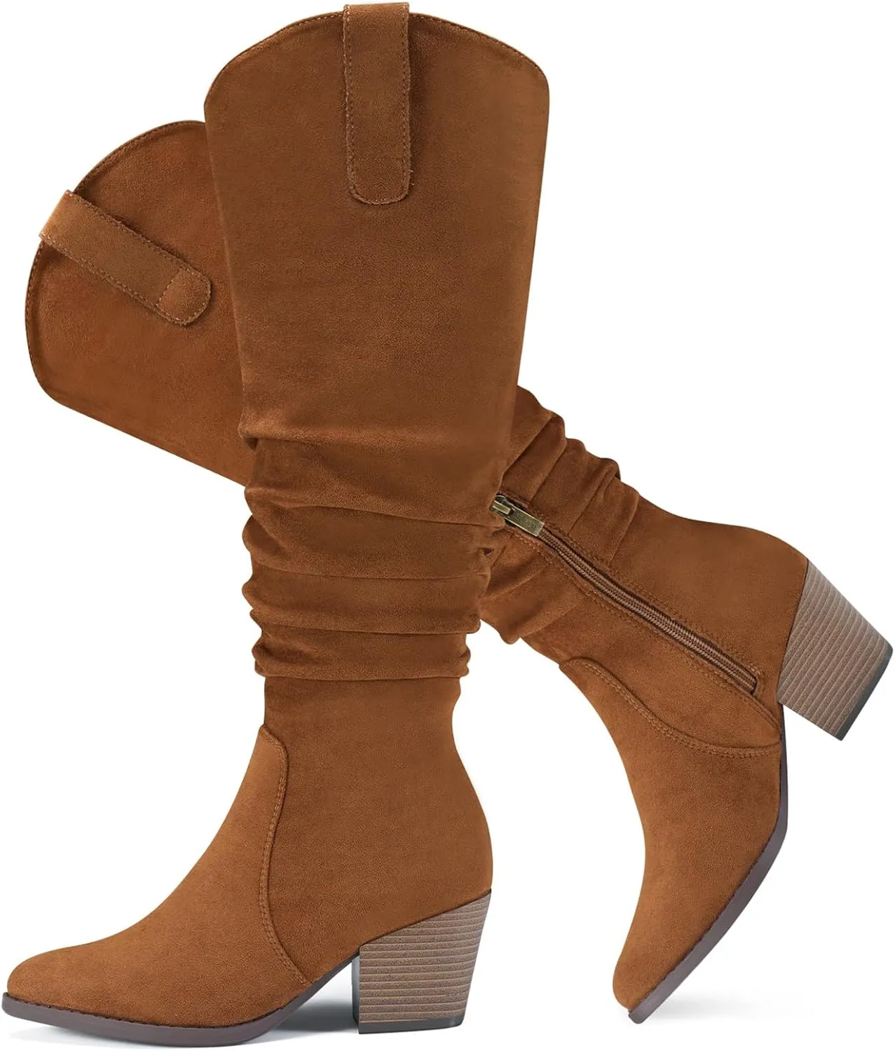 Women's Knee High Slouchy Boots Flat Tall Boots for Women Pull On Fall Boots with Side Zipper