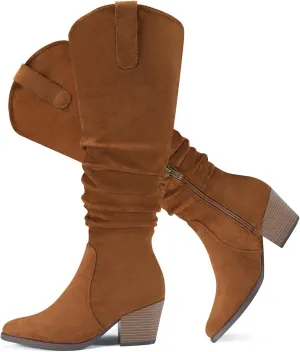 Women's Knee High Slouchy Boots Flat Tall Boots for Women Pull On Fall Boots with Side Zipper