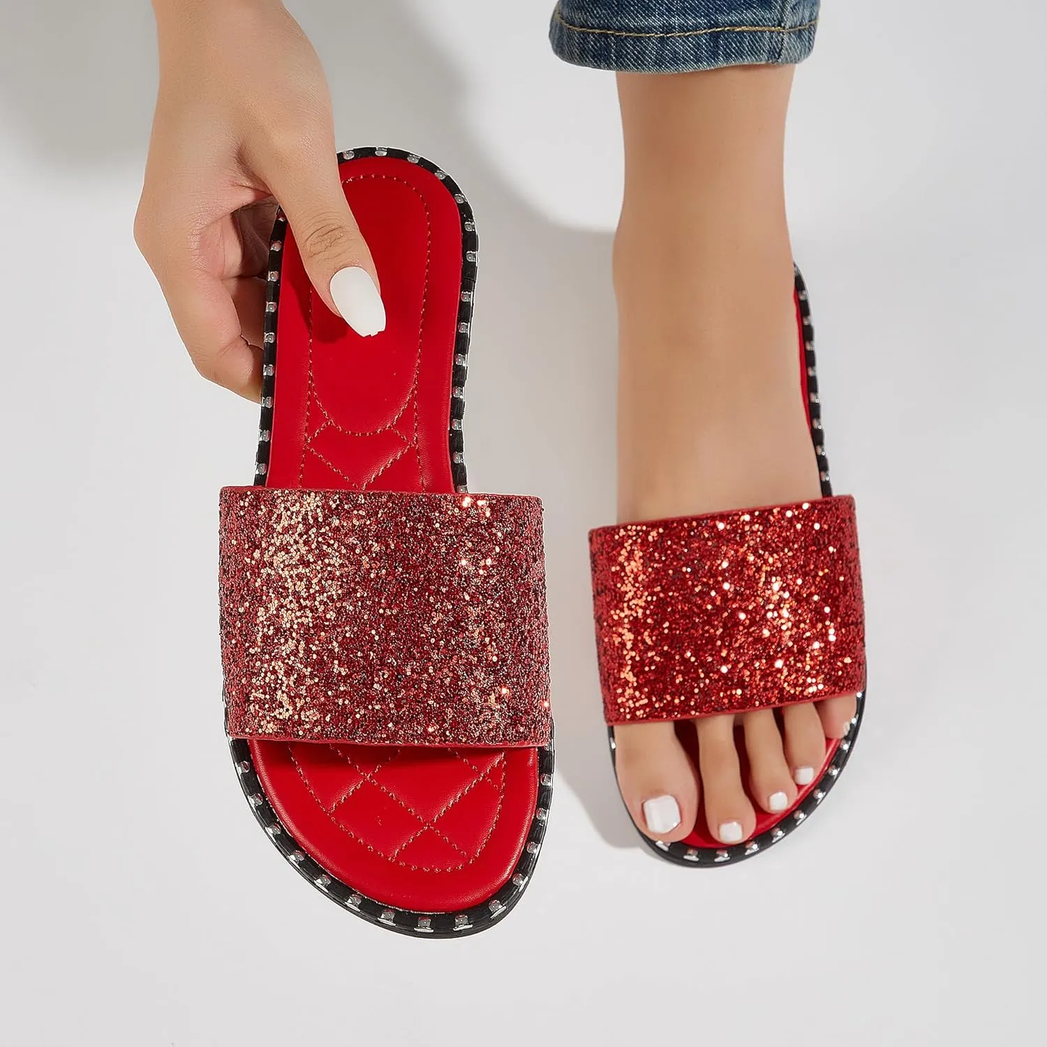 Women's Open Toe Flat Sandals Rhinestone Glitter On Casual Fashion Slippers Quick Drying Indoor & Outdoor Slides