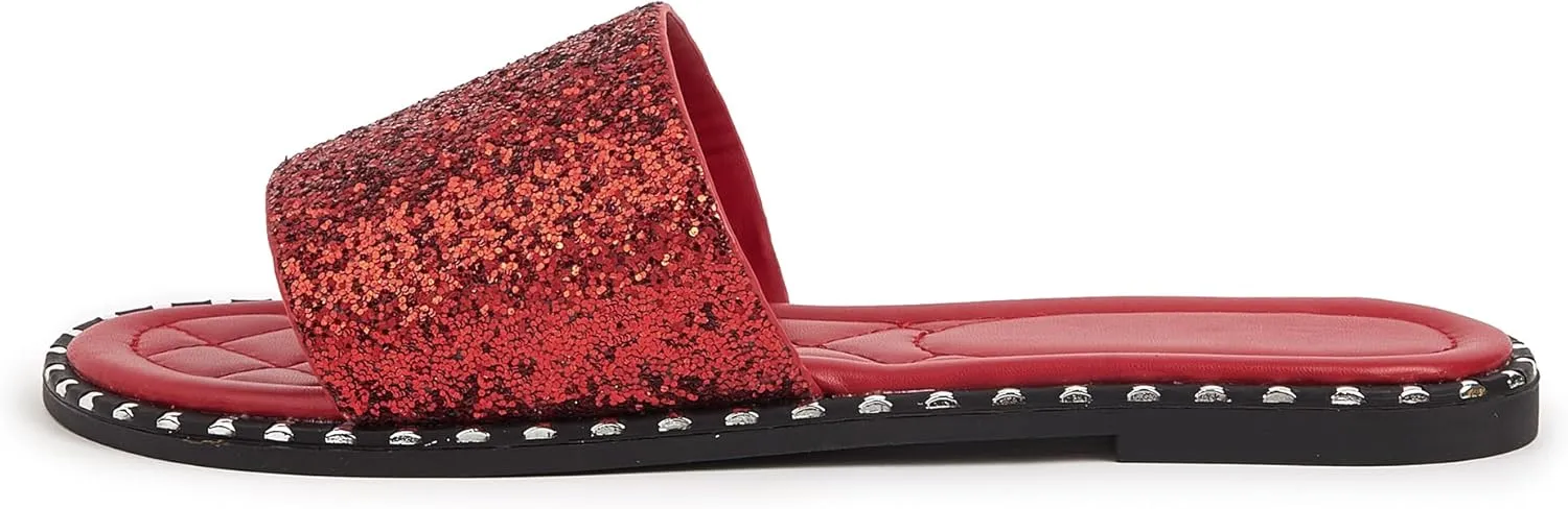 Women's Open Toe Flat Sandals Rhinestone Glitter On Casual Fashion Slippers Quick Drying Indoor & Outdoor Slides