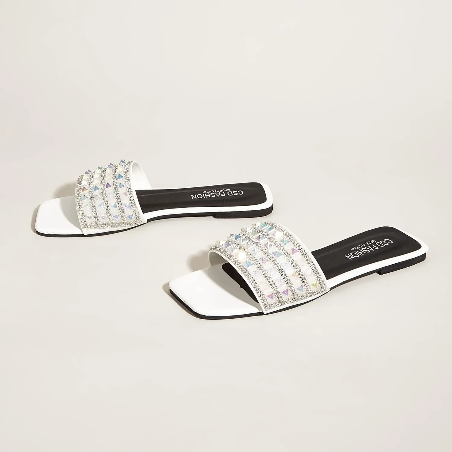 Women's Open Toe Flat Sandals Rhinestone Glitter On Casual Fashion Slippers Quick Drying Indoor & Outdoor Slides