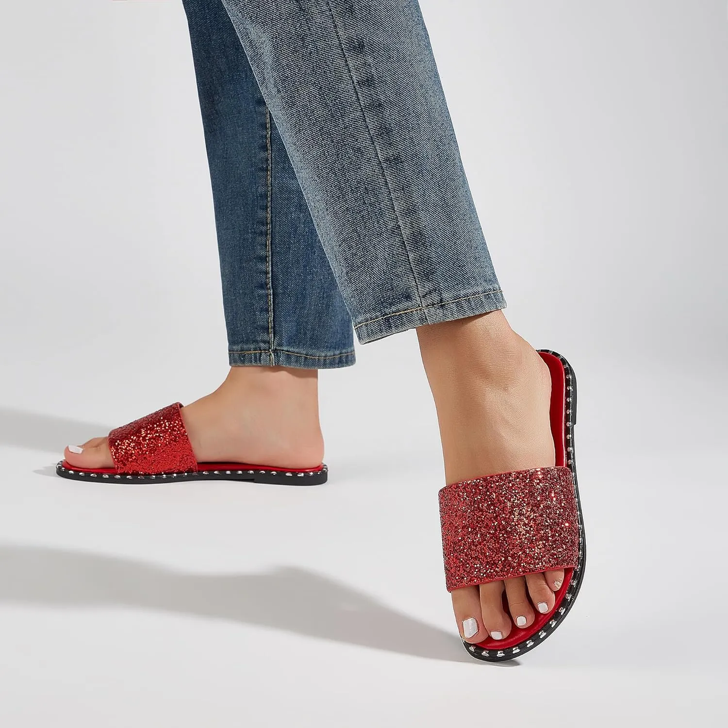 Women's Open Toe Flat Sandals Rhinestone Glitter On Casual Fashion Slippers Quick Drying Indoor & Outdoor Slides