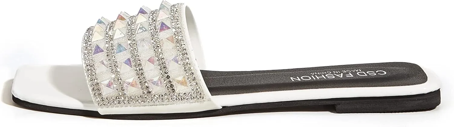 Women's Open Toe Flat Sandals Rhinestone Glitter On Casual Fashion Slippers Quick Drying Indoor & Outdoor Slides