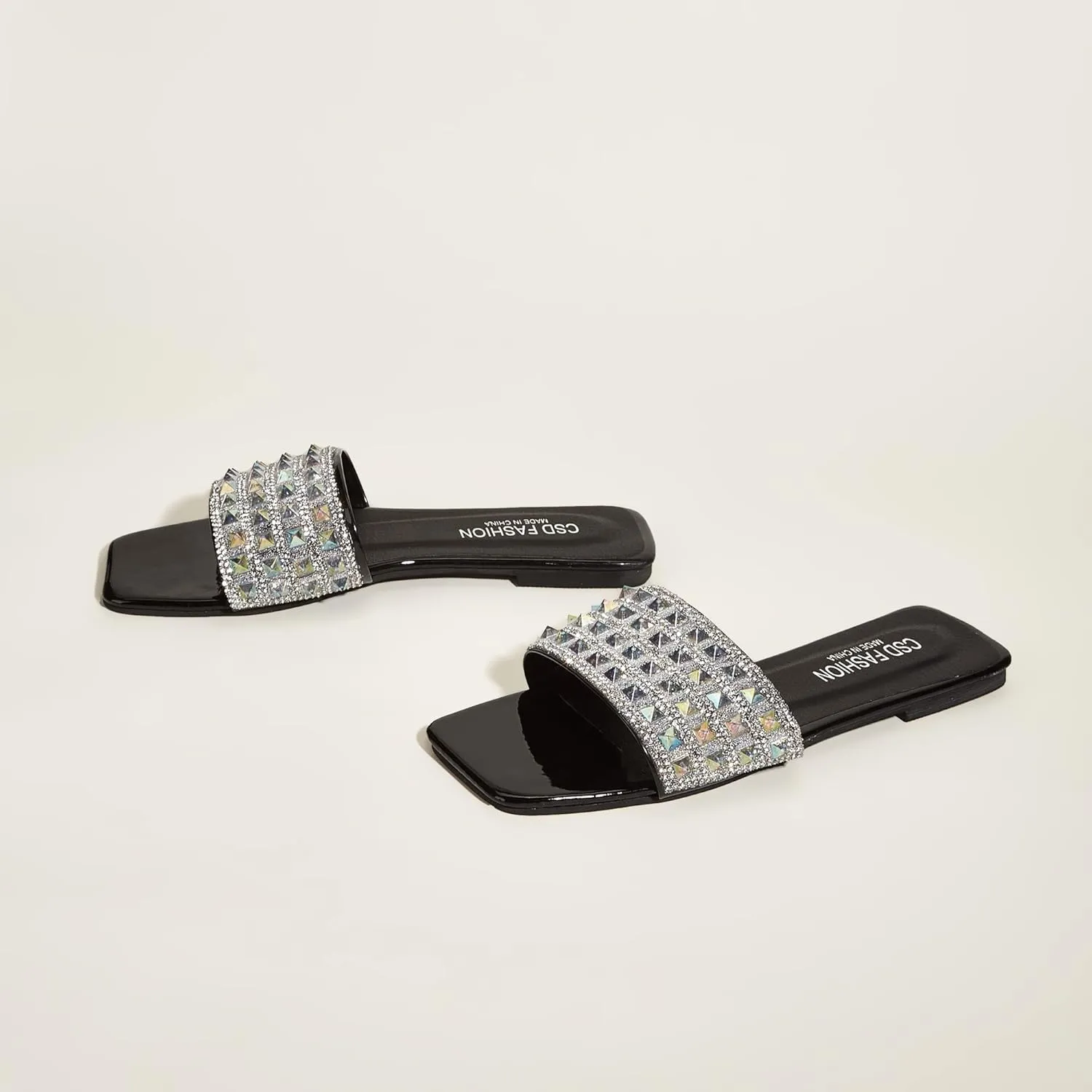 Women's Open Toe Flat Sandals Rhinestone Glitter On Casual Fashion Slippers Quick Drying Indoor & Outdoor Slides