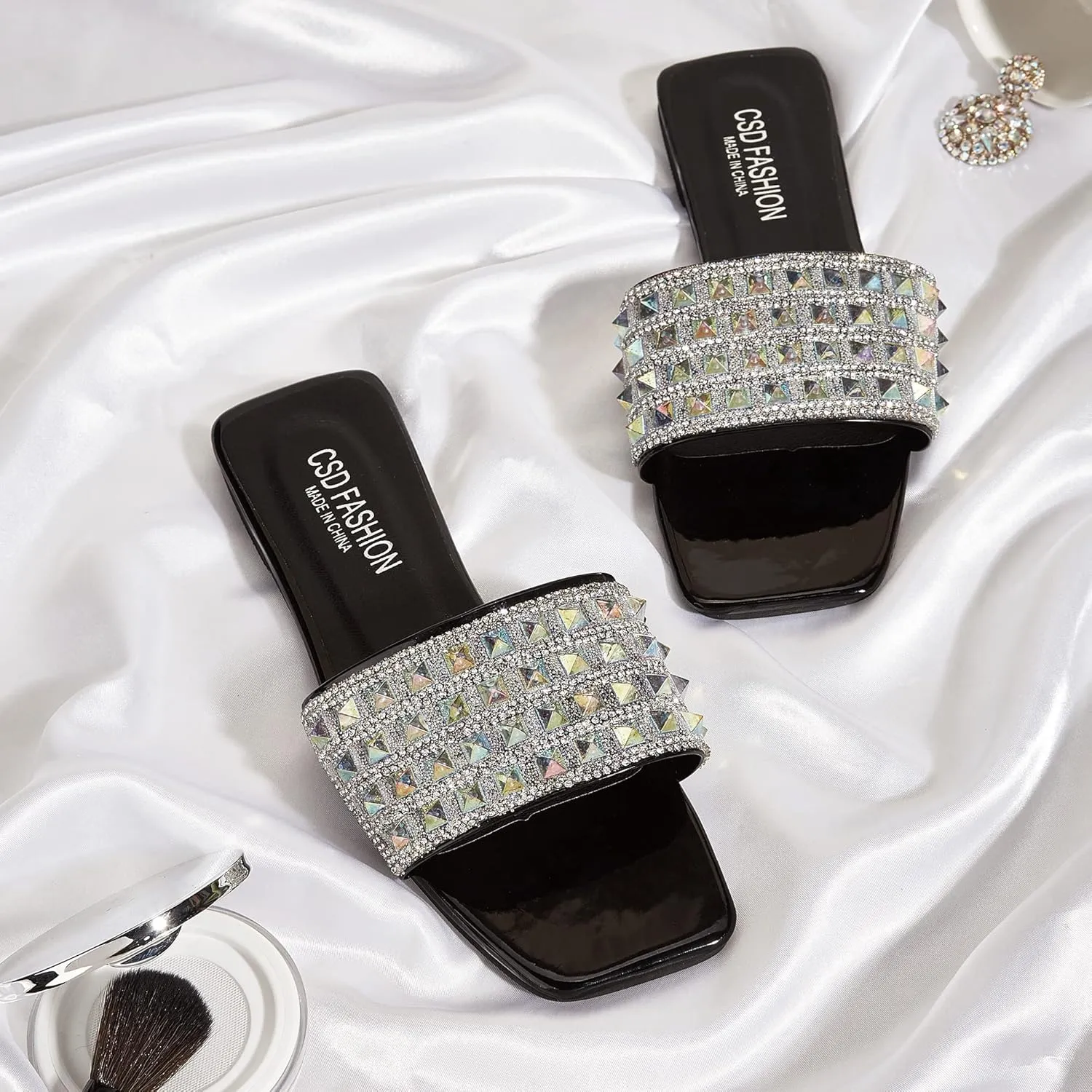 Women's Open Toe Flat Sandals Rhinestone Glitter On Casual Fashion Slippers Quick Drying Indoor & Outdoor Slides