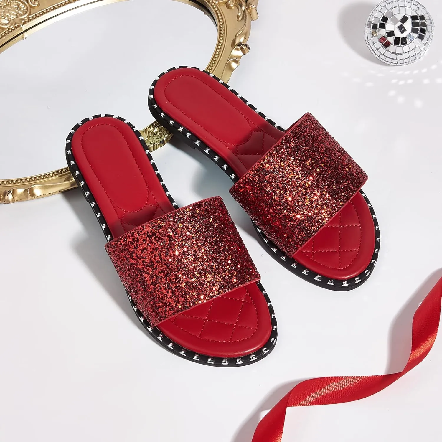 Women's Open Toe Flat Sandals Rhinestone Glitter On Casual Fashion Slippers Quick Drying Indoor & Outdoor Slides