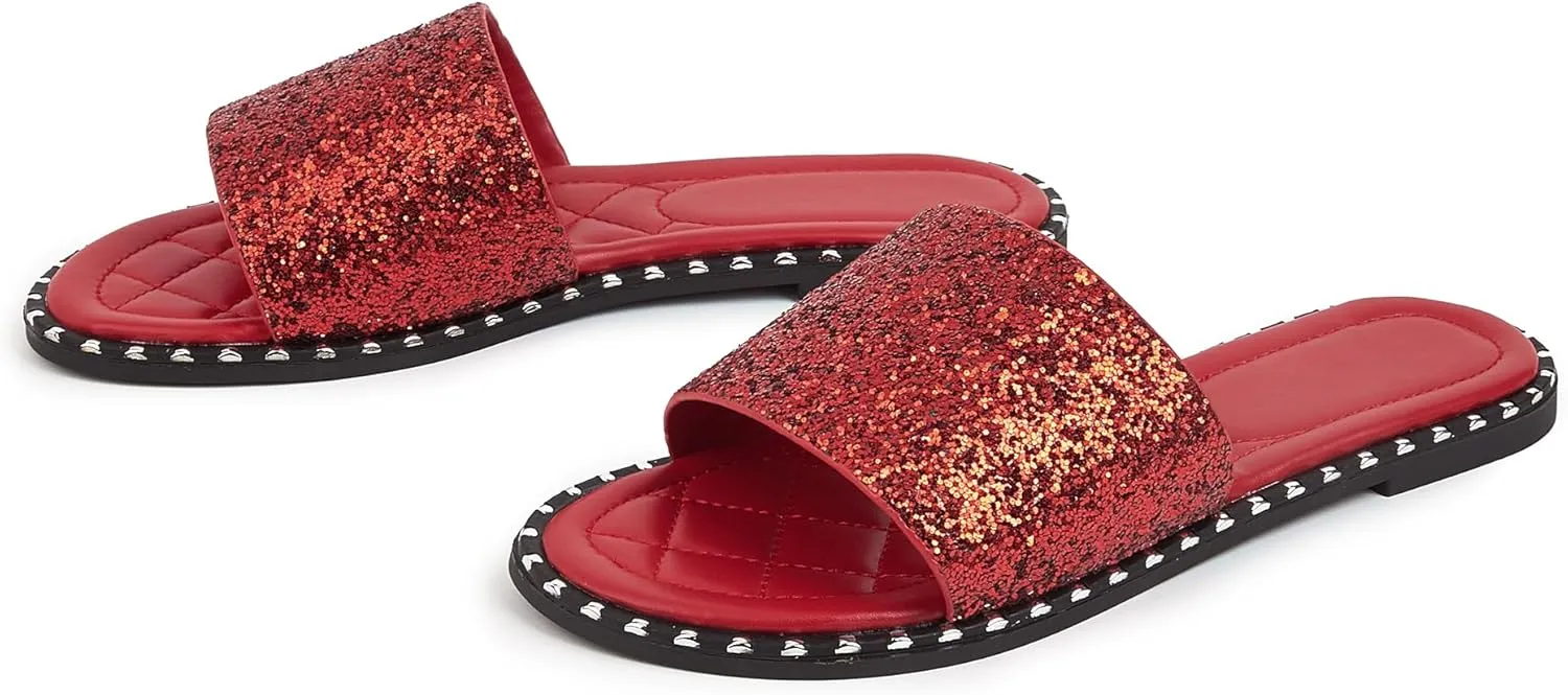 Women's Open Toe Flat Sandals Rhinestone Glitter On Casual Fashion Slippers Quick Drying Indoor & Outdoor Slides