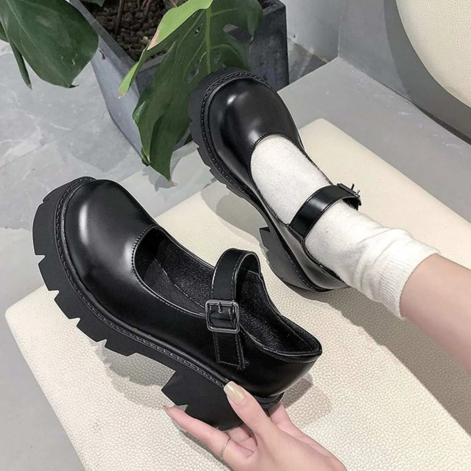 Women's Platform Mary Janes Chunky Heel Ankle Strap Uniform Dress Shoes Heeled Gothic Lolita Oxfords