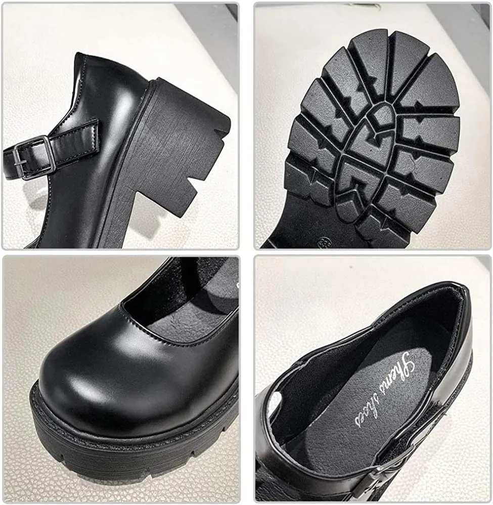Women's Platform Mary Janes Chunky Heel Ankle Strap Uniform Dress Shoes Heeled Gothic Lolita Oxfords