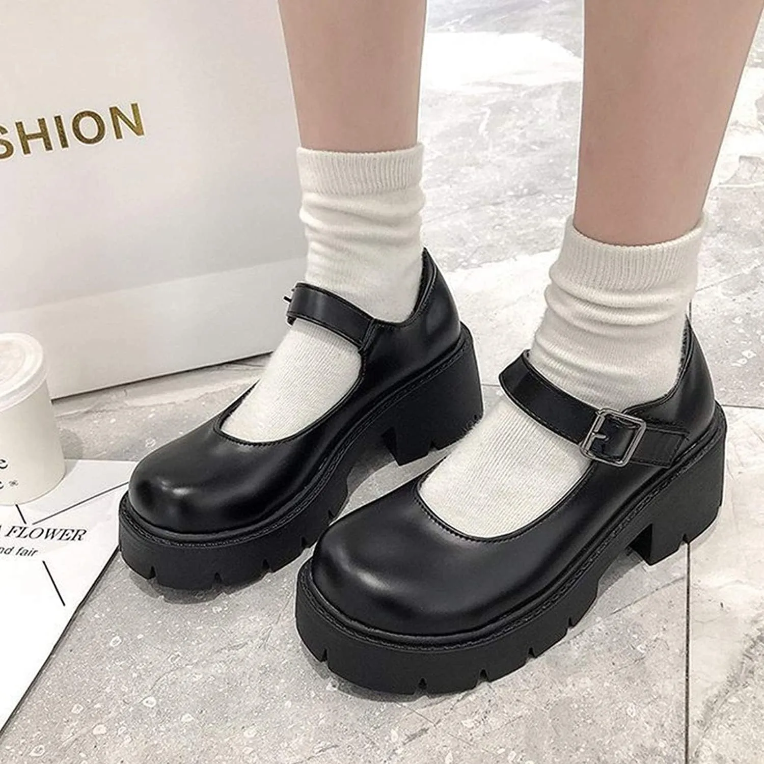 Women's Platform Mary Janes Chunky Heel Ankle Strap Uniform Dress Shoes Heeled Gothic Lolita Oxfords