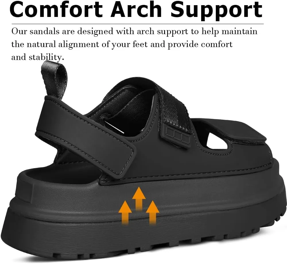 Womens Platform Sandals Flat Sandals Women Sandals with Back Strap Summer Footbed Sandals Adjustable Leather Slip On