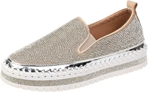Women's Platform Slip-on Sneakers Round Toe Low Cut Thick Sole Slip On Rhinestones Shoes Flats Flat Skate Walking Shoes
