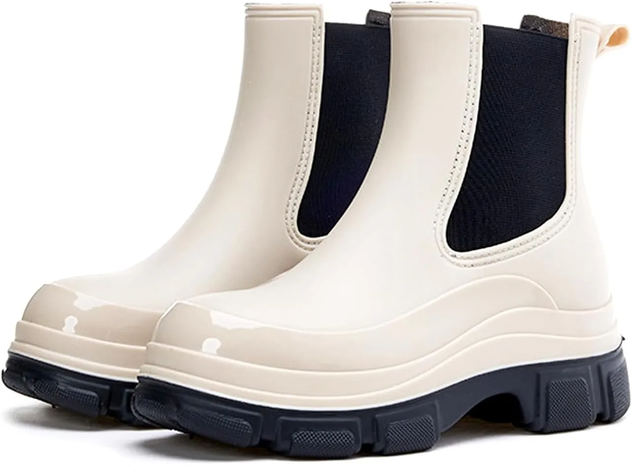 Women's Short Rain Boots Waterproof Garden Shoes Rubber Chelsea Boots Anti-Slipping Rainboots for Ladies with Comfort Insole Lightweight Stylish Ankle Rain Shoes Outdoor Work Booties