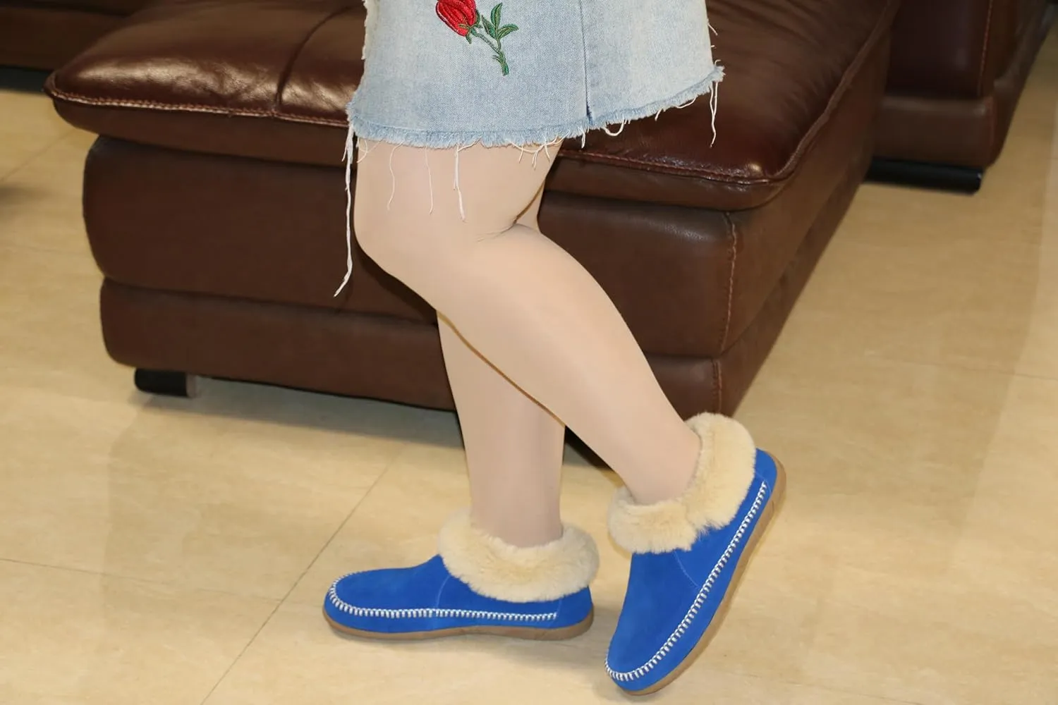 Women's Slippers Genuine Suede Memory Foam Winter House Fluffy Slippers with Faux Fur Collar and Sheepskin Insole Indoor and Outdoor Warm Shoes Rubber Sole