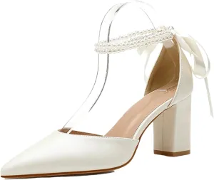 Women's Thick Heels High Heels, Pointed Pearl Chain Ribbon Bow Tie Ivory White Wedding Shoes