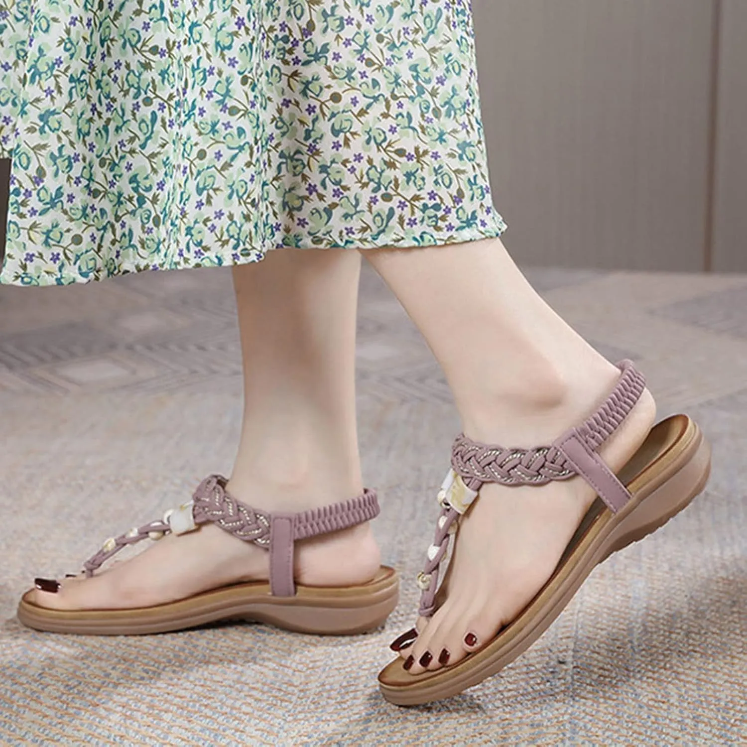 Women's Toe Separate Elastic Straps Open Toe Wedge Sandals Slingback Fashion Beach Flip Flops Shoes T-Strap