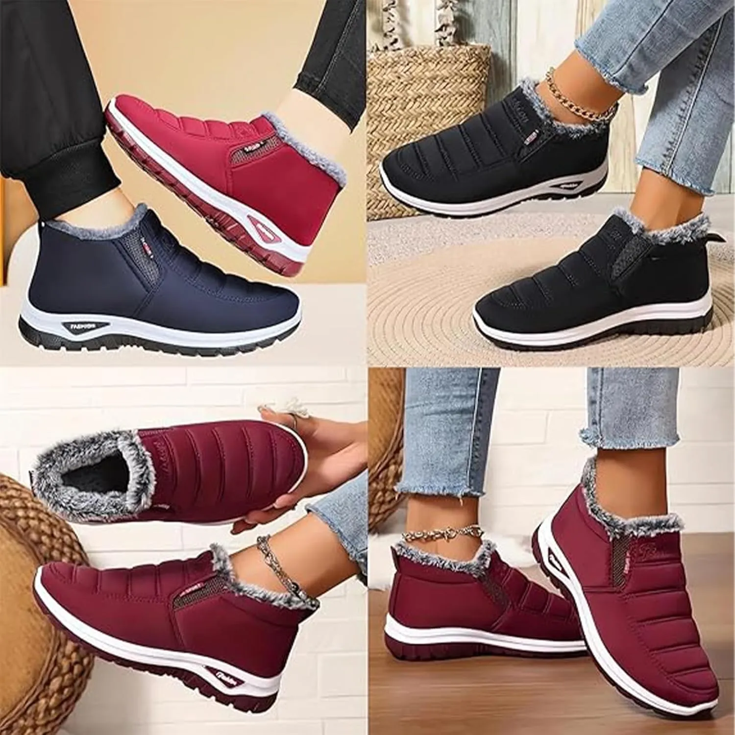 Women's Warm Sheepskin-Lined Boots, Winter Women's Casual Slip-On Warm Boots, Ladies Ankle Slip on Short Snow Fur Lined Boots, Comfortable Waterproof Walking Fur Boots